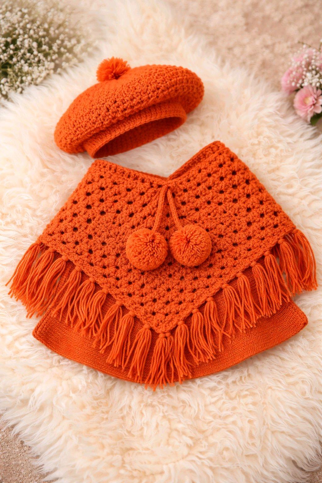 ملابس أطفال يدوية  بونشو وبيريه برتقالي - Lakhdaria, Bouira - Tijelabin