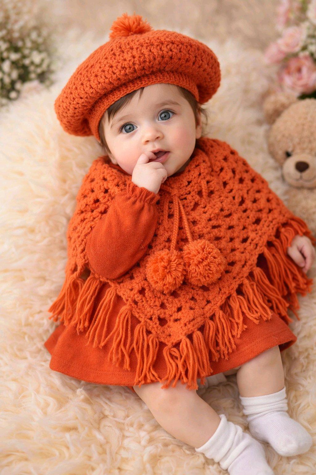 ملابس أطفال يدوية  بونشو وبيريه برتقالي